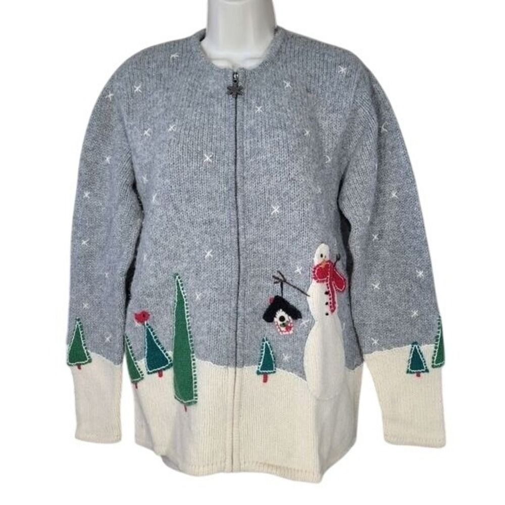 Wool ugly Christmas Northern Isles Zip Cardigan W/L Grey Snowman 130164 LN/NWOT